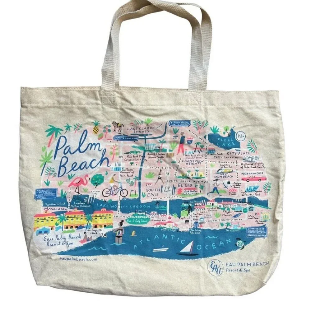 EAU Palm Beach Resort Canvas Tote Beach Bag Map Libby VanderPloeg preppy